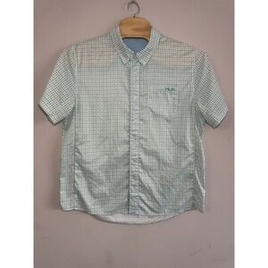 Huk Size L Short Sleeve Button Up Shirt Plaid Mint Green Perforated Fishing